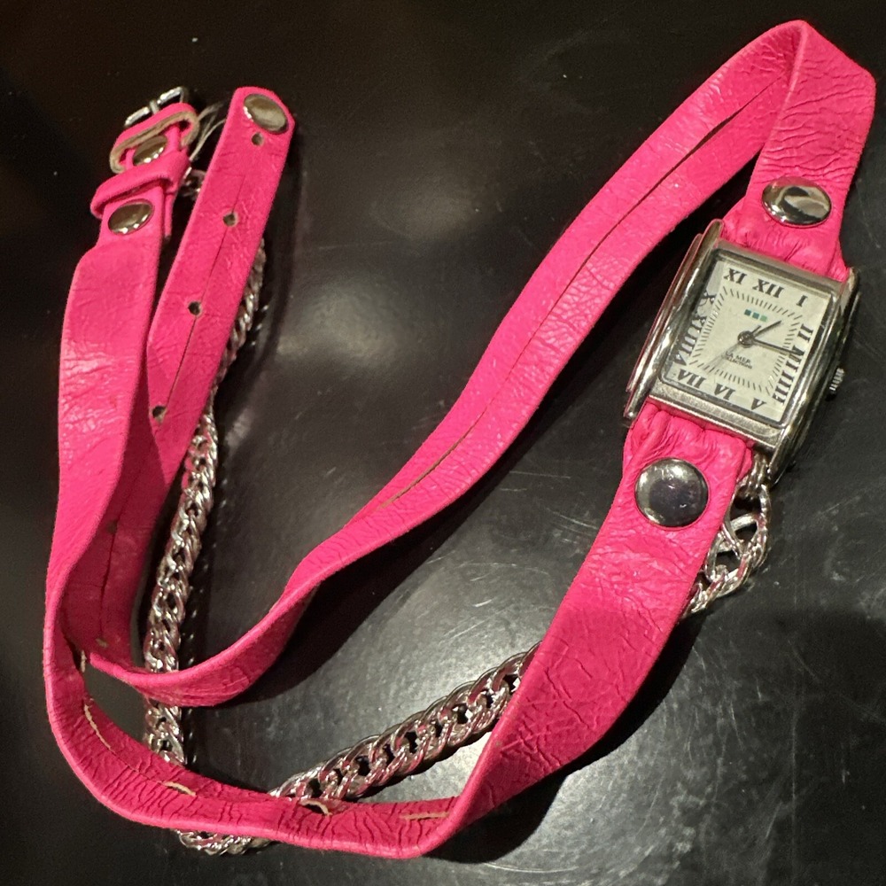 *Working* La Mer White Dial Rectangle Pink Faux Leather Long‎ Band Chain Watch